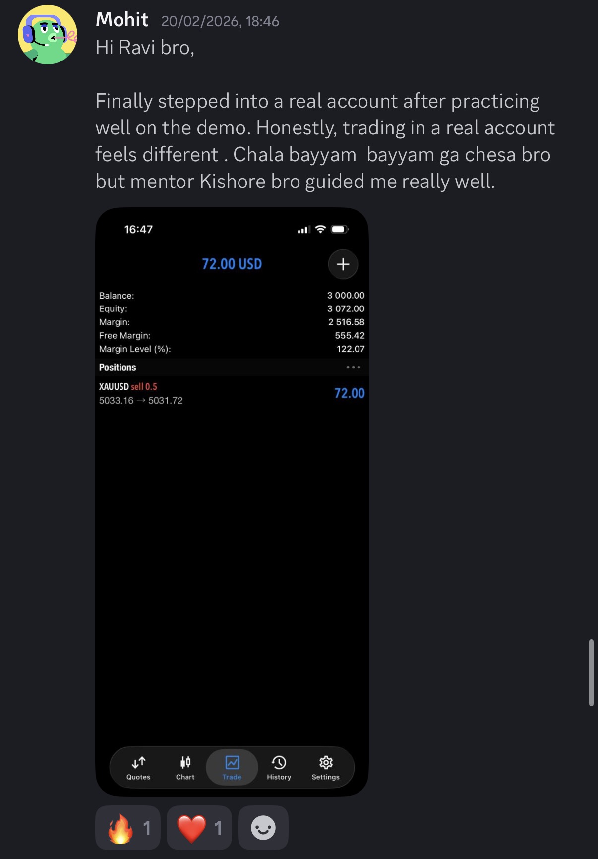 Mohit - First live account profit $72